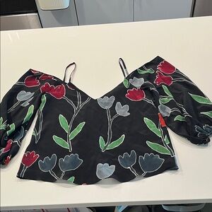 Alice + Olivia Black Tulip-Print Off-Shoulder Longsleeve Blouse(Silk)